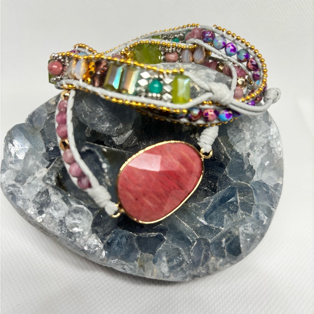 Handmade Rhodonite Wrap Bracelet Boho Gemstone Leather Cuff Artisan Festival